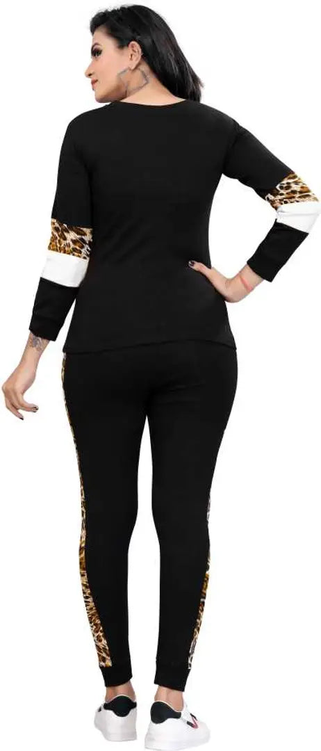 Animal Print Solid Women Track Suit Black