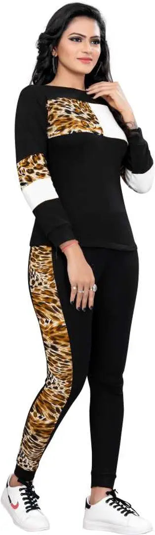 Animal Print Solid Women Track Suit Black