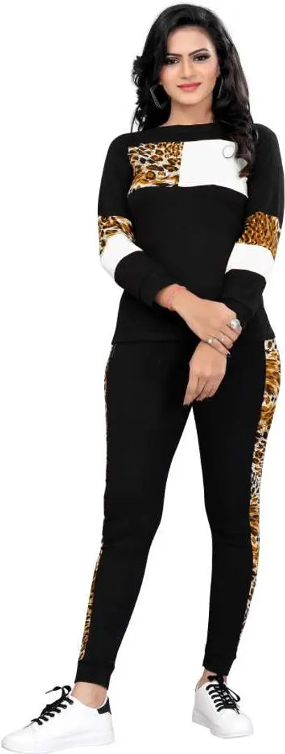 Animal Print Solid Women Track Suit Black