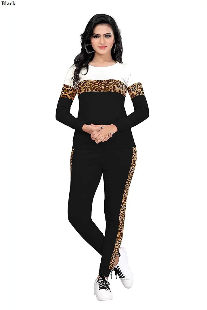 Animal Print Solid Women Track Suit Black