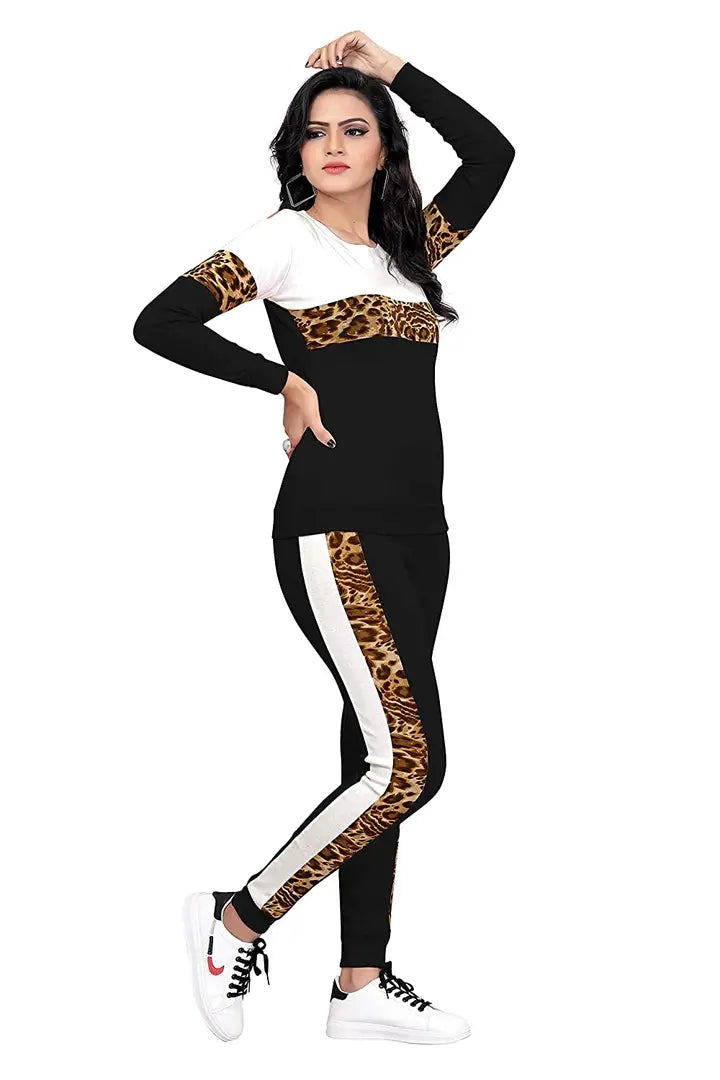 Animal Print Solid Women Track Suit Black