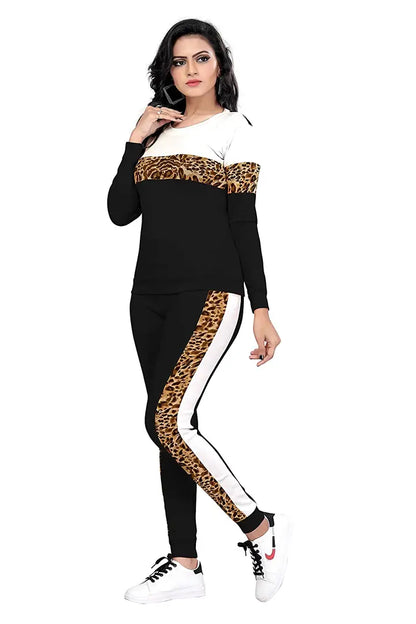 Animal Print Solid Women Track Suit Black