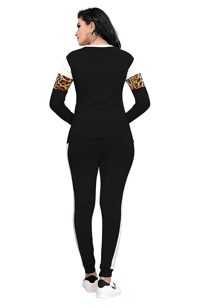 Animal Print Solid Women Track Suit Black