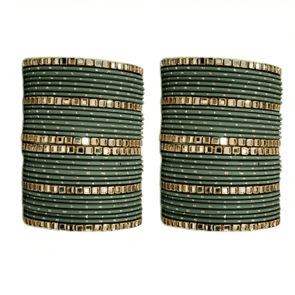 "Set of 2 Golden Dot Texture Metal Bangles Set with Brass Square Kundan Stones"