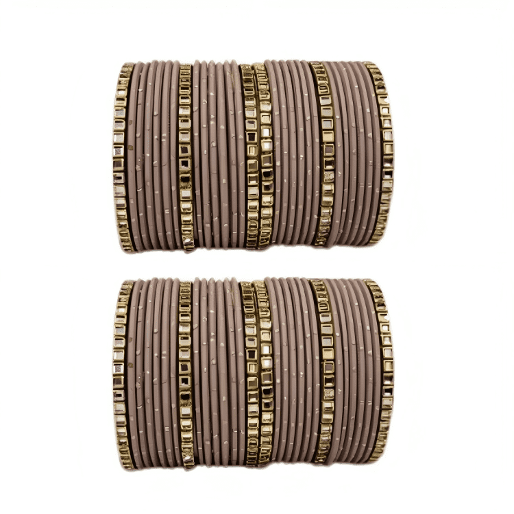 "Set of 2 Golden Dot Texture Metal Bangles Set with Brass Square Kundan Stones"