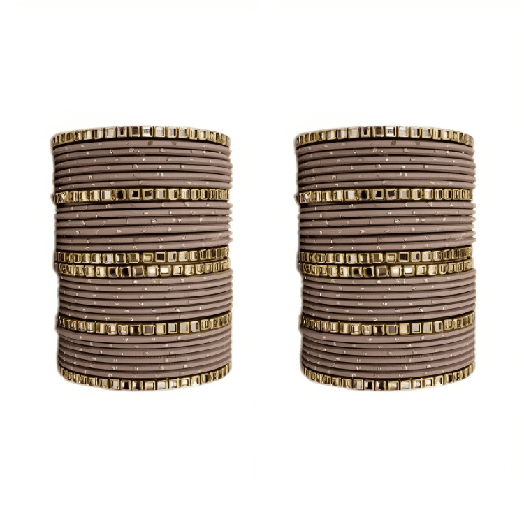 "Set of 2 Golden Dot Texture Metal Bangles Set with Brass Square Kundan Stones"