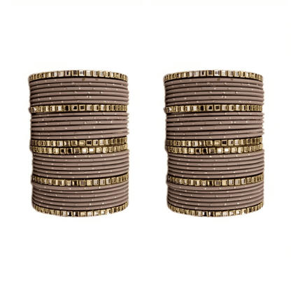 "Set of 2 Golden Dot Texture Metal Bangles Set with Brass Square Kundan Stones"