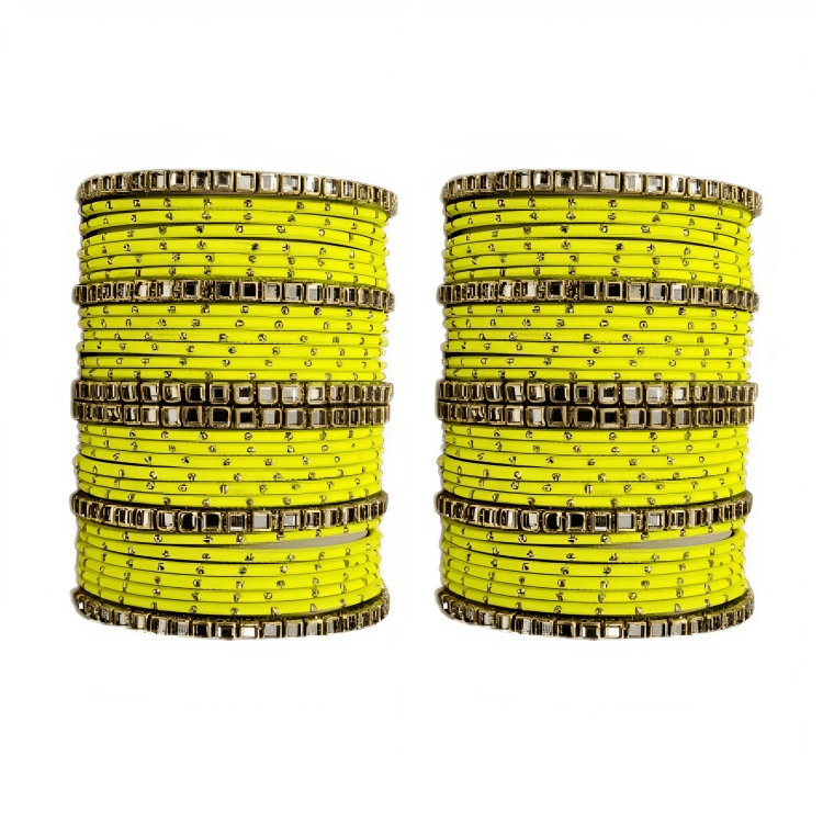 "Set of 2 Golden Dot Texture Metal Bangles Set with Brass Square Kundan Stones"