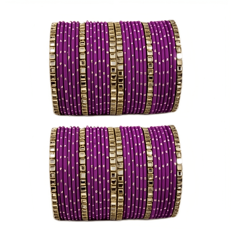 "Set of 2 Golden Dot Texture Metal Bangles Set with Brass Square Kundan Stones"