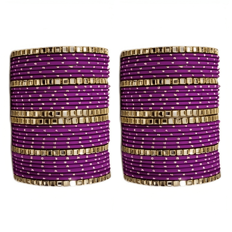 "Set of 2 Golden Dot Texture Metal Bangles Set with Brass Square Kundan Stones"