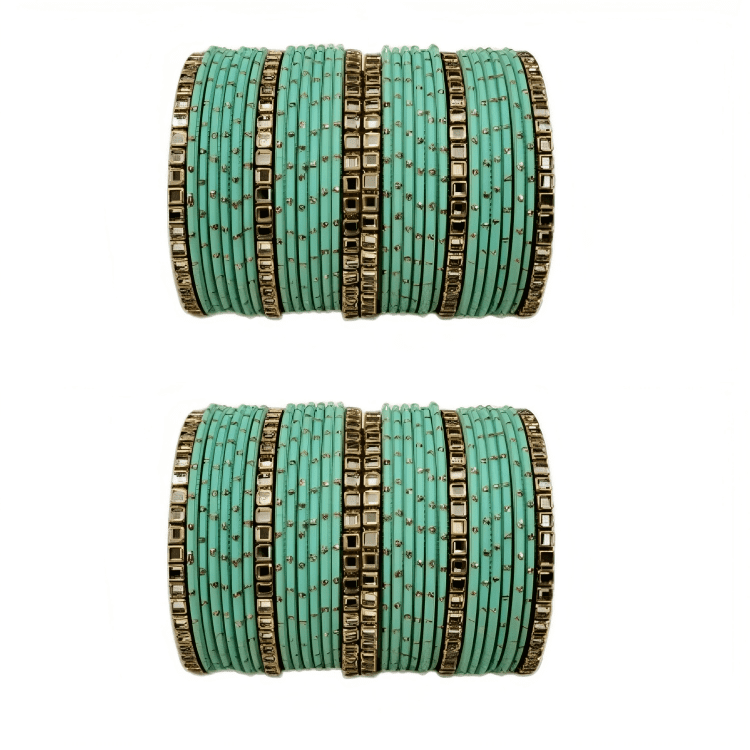 "Set of 2 Golden Dot Texture Metal Bangles Set with Brass Square Kundan Stones"