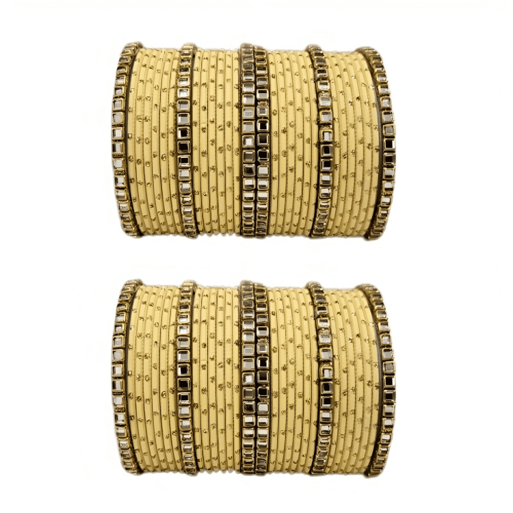 "Set of 2 Golden Dot Texture Metal Bangles Set with Brass Square Kundan Stones"