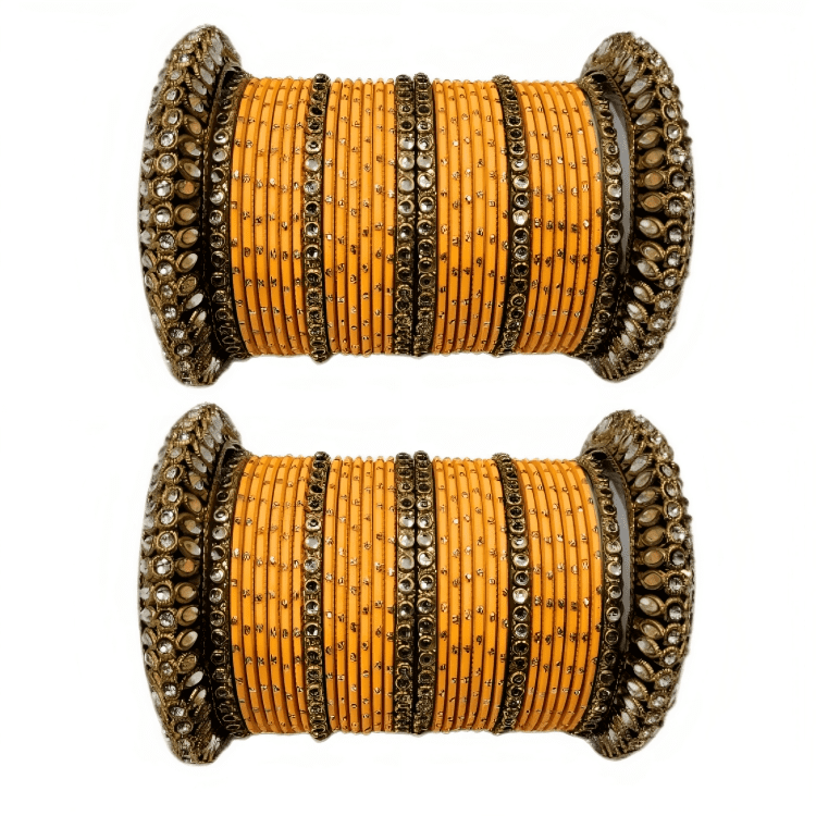 Golden Delight: Oxidized Metal Kada and Brass Stone Bangle Set of 2