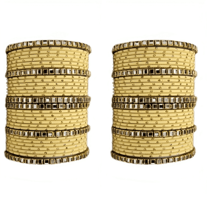 "Set of 2 Golden Dot Texture Metal Bangles Set with Brass Square Kundan Stones"