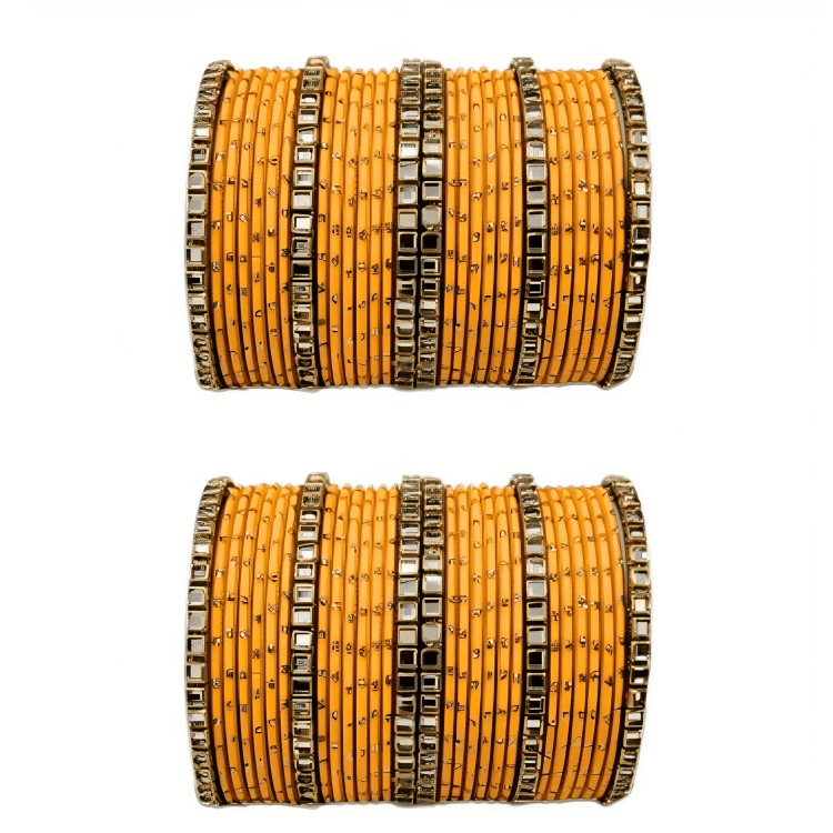 "Set of 2 Golden Dot Texture Metal Bangles Set with Brass Square Kundan Stones"