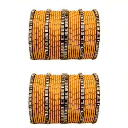 "Set of 2 Golden Dot Texture Metal Bangles Set with Brass Square Kundan Stones"