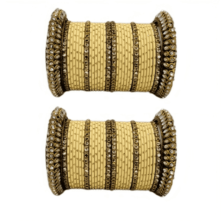 Golden Delight: Oxidized Metal Kada and Brass Stone Bangle Set of 2