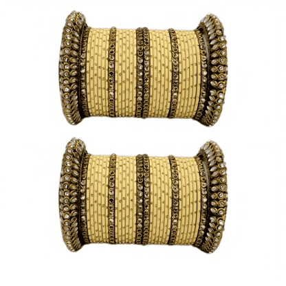 Golden Delight: Oxidized Metal Kada and Brass Stone Bangle Set of 2