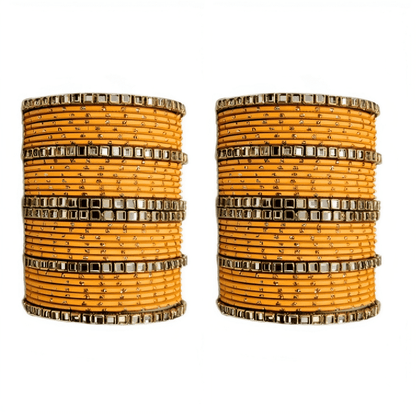 "Set of 2 Golden Dot Texture Metal Bangles Set with Brass Square Kundan Stones"