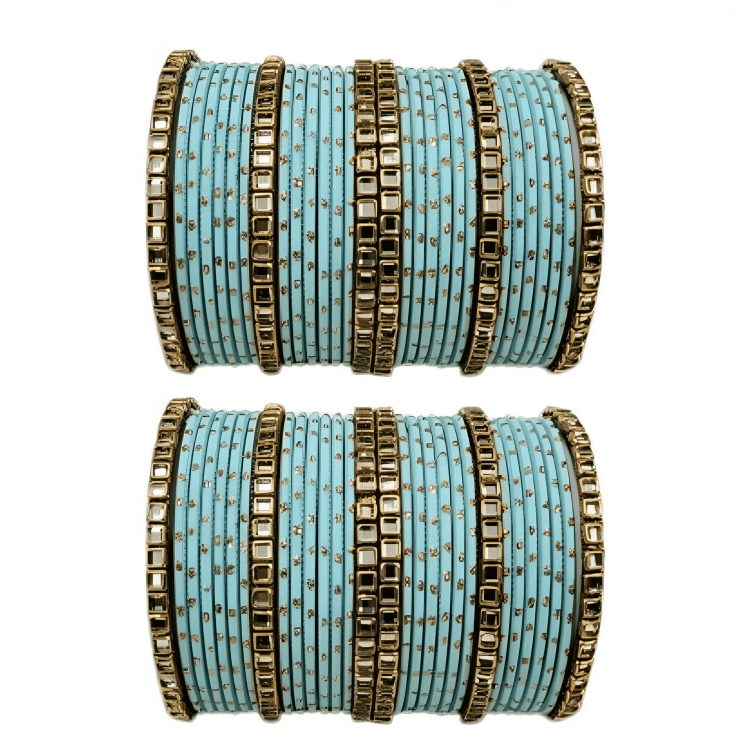 "Set of 2 Golden Dot Texture Metal Bangles Set with Brass Square Kundan Stones"