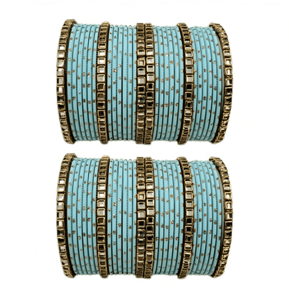 "Set of 2 Golden Dot Texture Metal Bangles Set with Brass Square Kundan Stones"