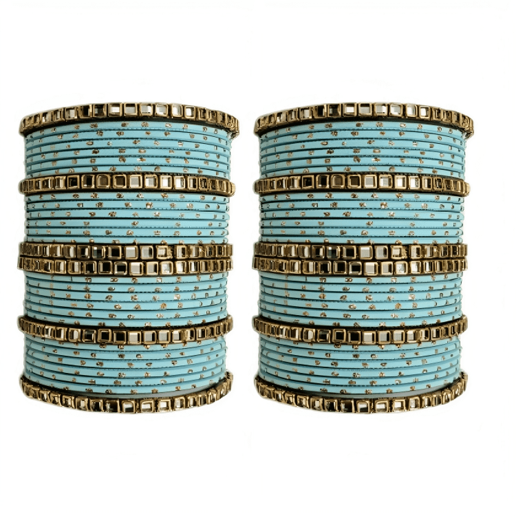 "Set of 2 Golden Dot Texture Metal Bangles Set with Brass Square Kundan Stones"