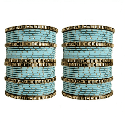 "Set of 2 Golden Dot Texture Metal Bangles Set with Brass Square Kundan Stones"