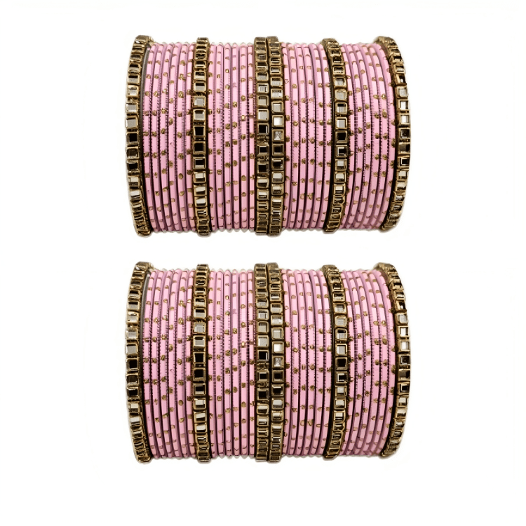 "Set of 2 Golden Dot Texture Metal Bangles Set with Brass Square Kundan Stones"