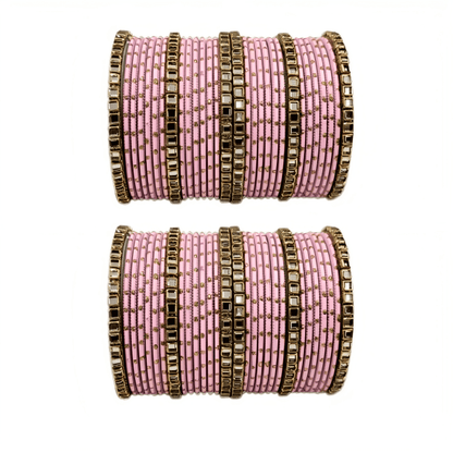 "Set of 2 Golden Dot Texture Metal Bangles Set with Brass Square Kundan Stones"