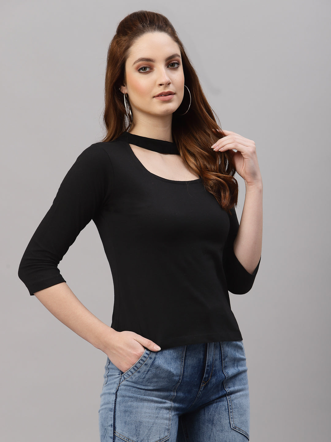 Rigo Women's Stylish  Solid Three Quarter Sleeve Ribbed Crop Top