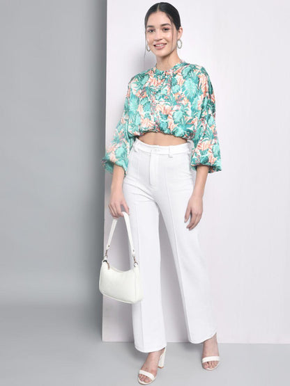 Trend Arrest Women's Polyester Tropical Print Balloon Crop Top