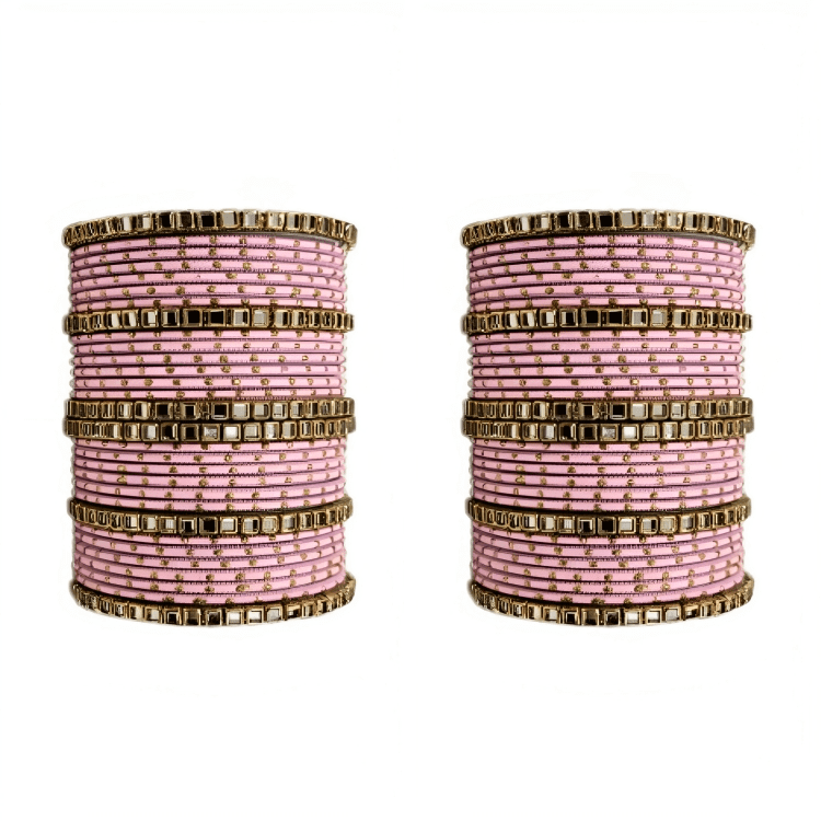 "Set of 2 Golden Dot Texture Metal Bangles Set with Brass Square Kundan Stones"