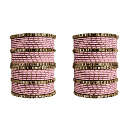 "Set of 2 Golden Dot Texture Metal Bangles Set with Brass Square Kundan Stones"