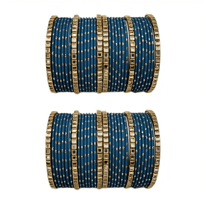 "Set of 2 Golden Dot Texture Metal Bangles Set with Brass Square Kundan Stones"