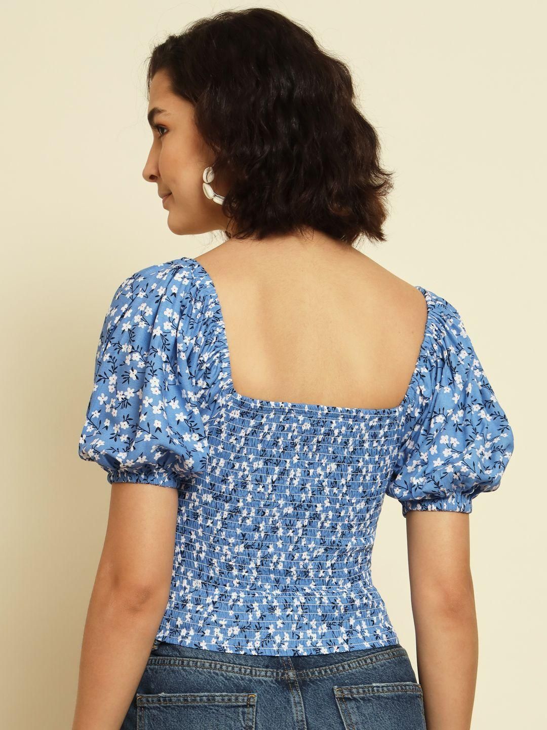 TRENDARREST Blue Floral Printed Top