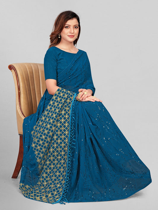 Fancy Sequined Embroidered Teal Blue Coloured Georgette Saree with Blouse Piece