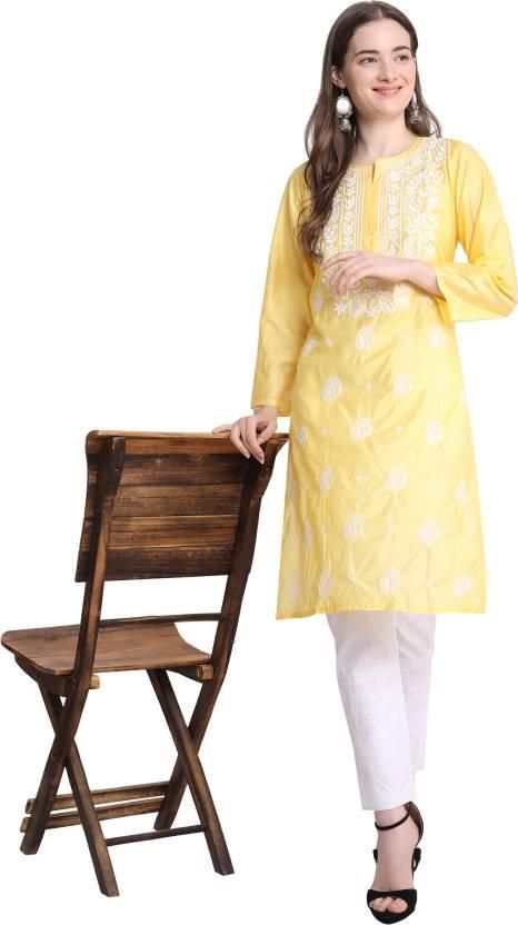 Women Chikan Embroidery Cotton Straight Kurta