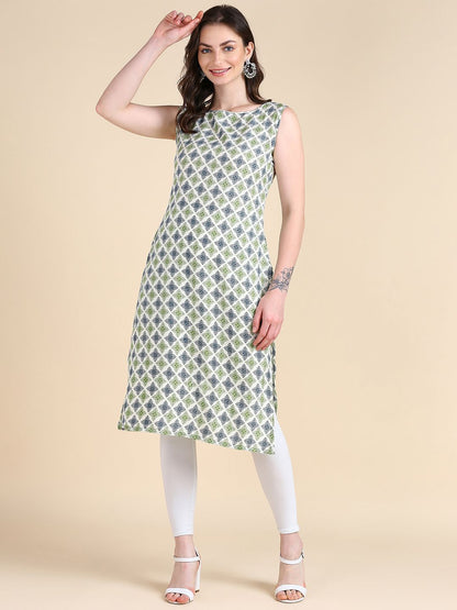 Women's Sleeveless Boat Neck Solid Casual Fancy Long Kurtis