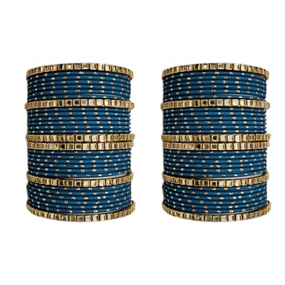 "Set of 2 Golden Dot Texture Metal Bangles Set with Brass Square Kundan Stones"