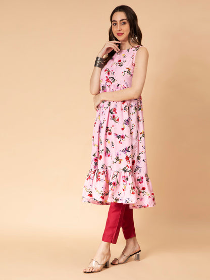 Fabclub Viscose Blend Floral Printed Flared Women Kurti (Light Pink)