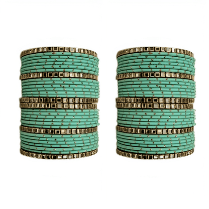 "Set of 2 Golden Dot Texture Metal Bangles Set with Brass Square Kundan Stones"