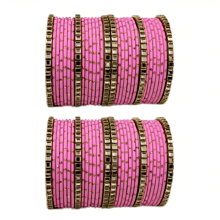 "Set of 2 Golden Dot Texture Metal Bangles Set with Brass Square Kundan Stones"