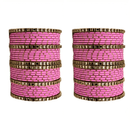 "Set of 2 Golden Dot Texture Metal Bangles Set with Brass Square Kundan Stones"