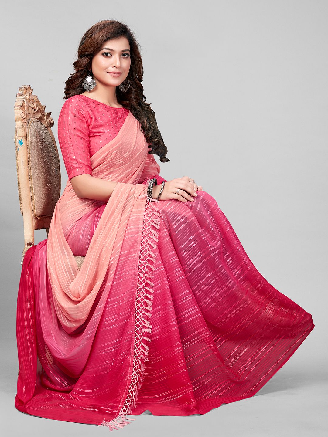 Fancy Embellished Peach Coloured Silk Saree with Blouse Piece