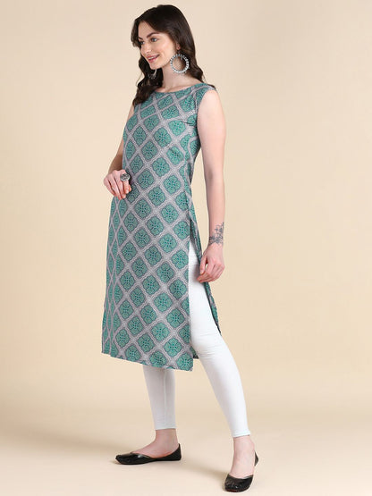 Women's Sleeveless Boat Neck Solid Casual Fancy Long Kurtis