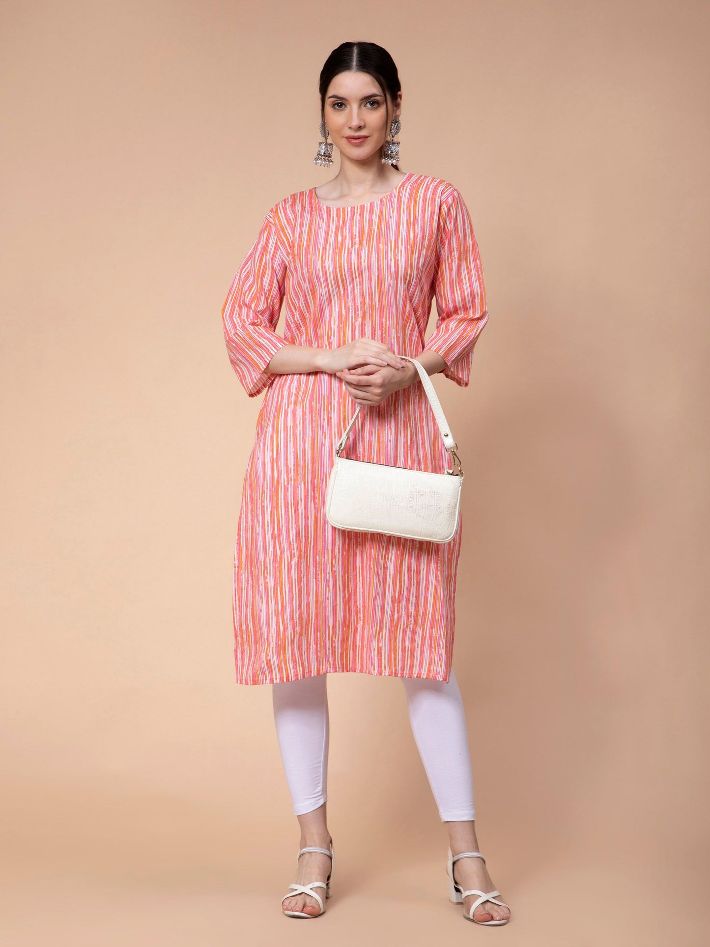 Fabclub Cotton Striped Straight Women Kurti (Peach)