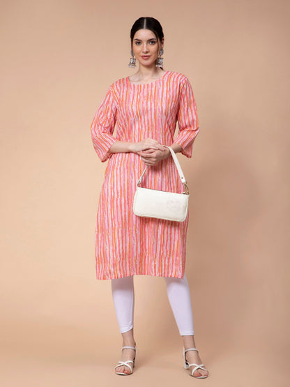 Fabclub Cotton Striped Straight Women Kurti (Peach)