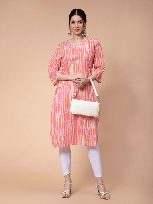 Fabclub Cotton Striped Straight Women Kurti (Peach)