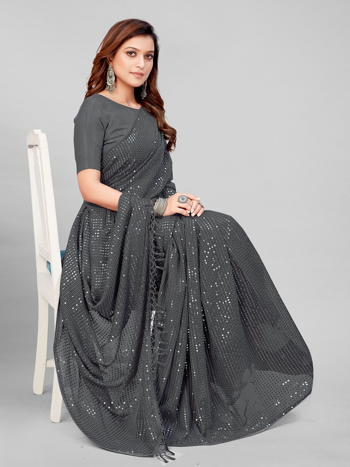 Fancy Sequined Embroidered Grey Coloured Georgette Saree with Blouse Piece