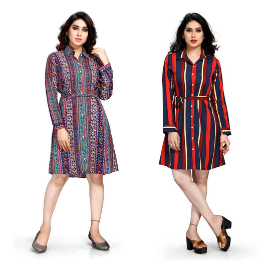 Women's Crepe Printed Shirt Style Short Dress Buy 1 Get 1 Free